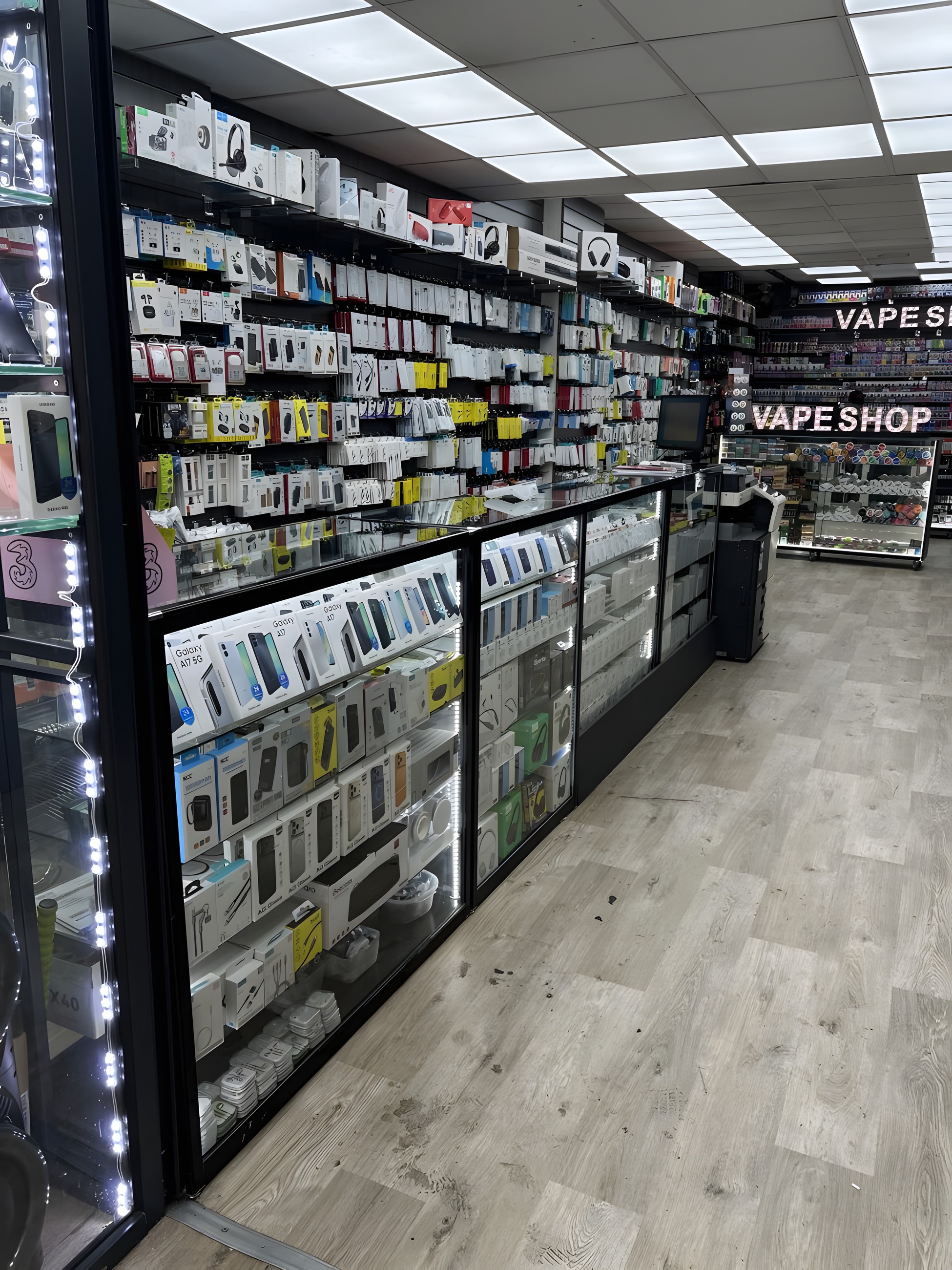 Cases and accessories wall at Phone Tech